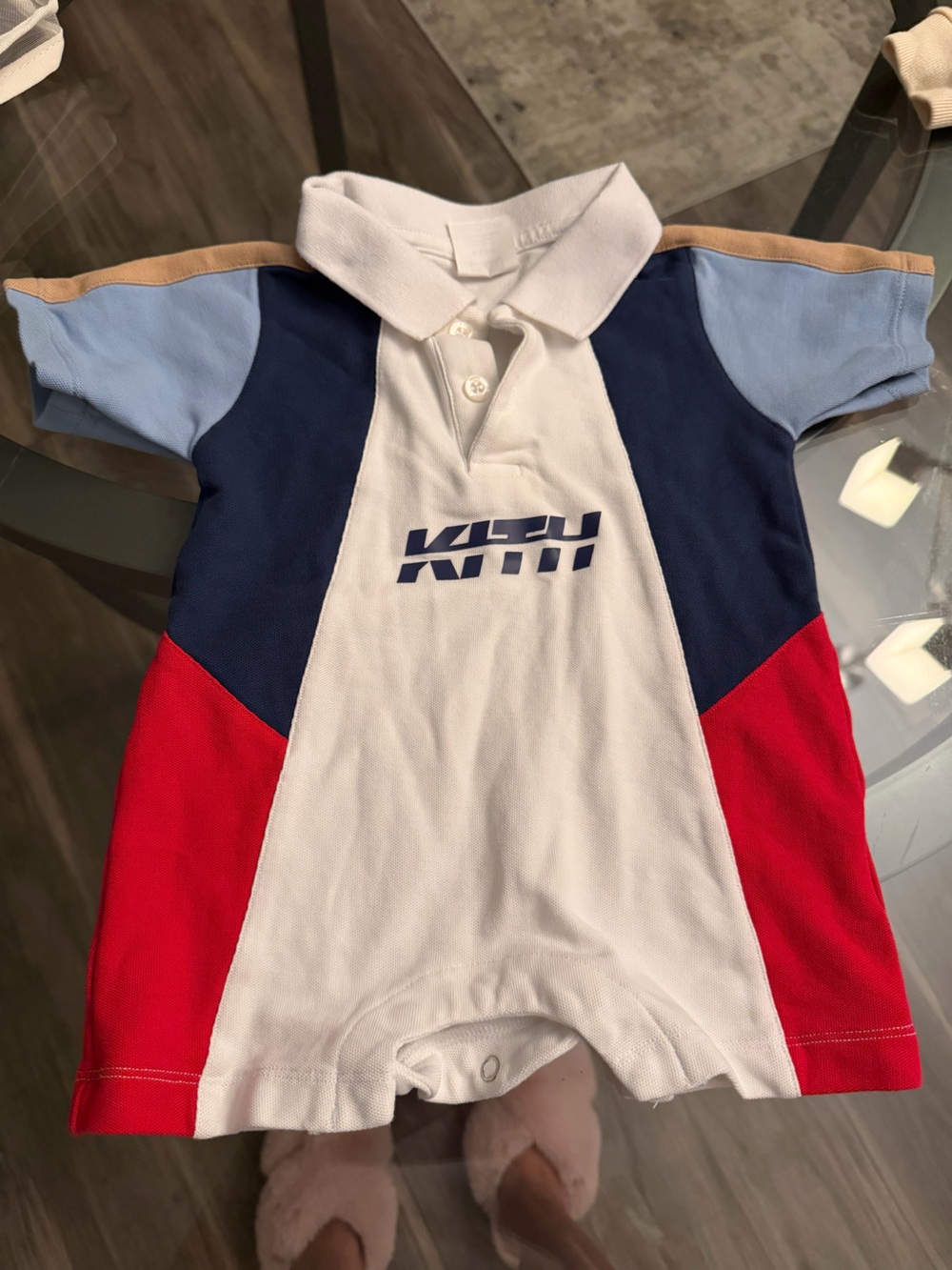 Kith Kids Colorblock Polo Romper in White, Navy, Red, Light Blue
